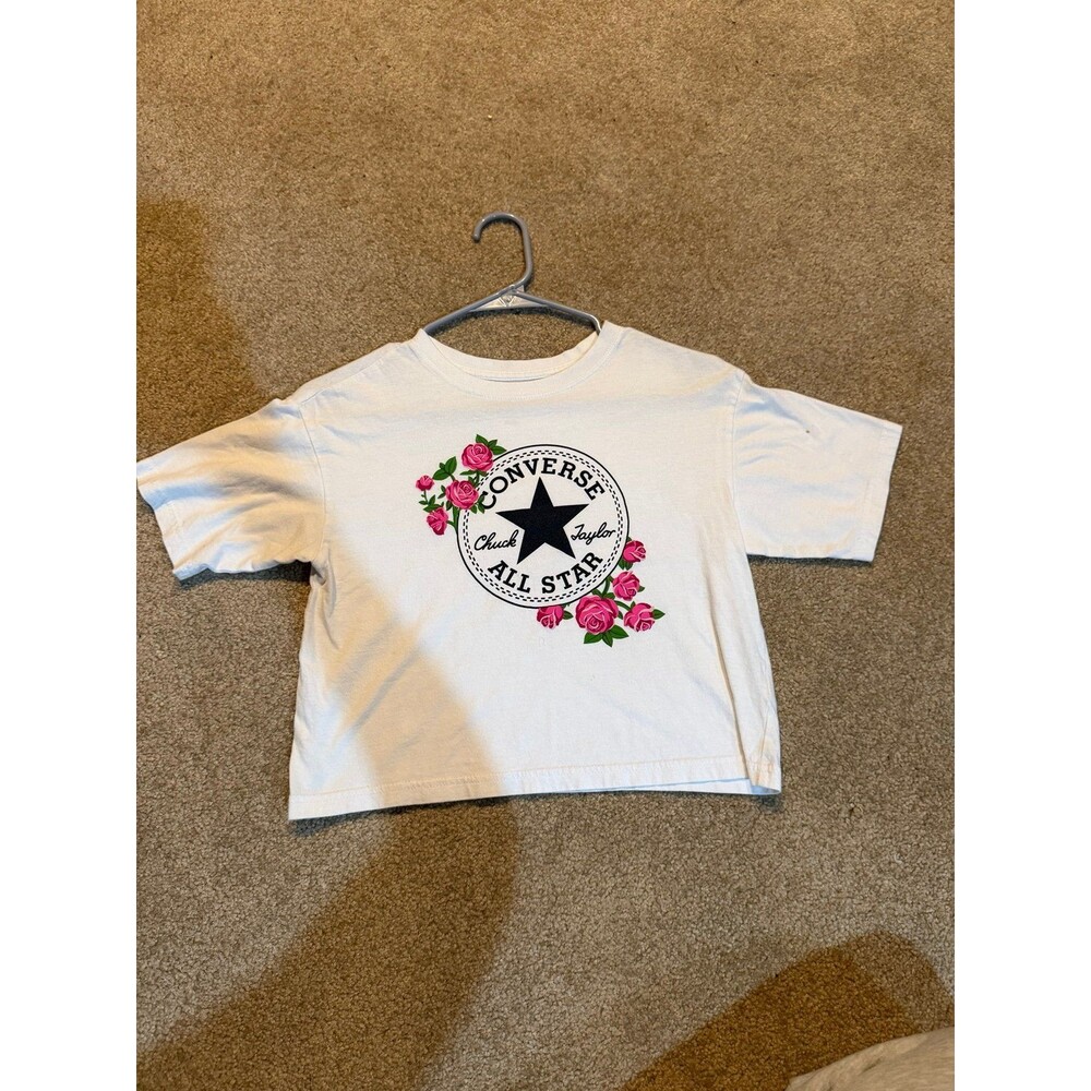 Womens Converse Pink Floral Decal White Crop Top T-Shirt Medium